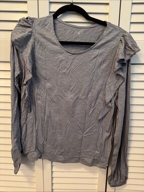 Garnet Hill Gray Ruffle-Shoulder Long Sleeve Tee